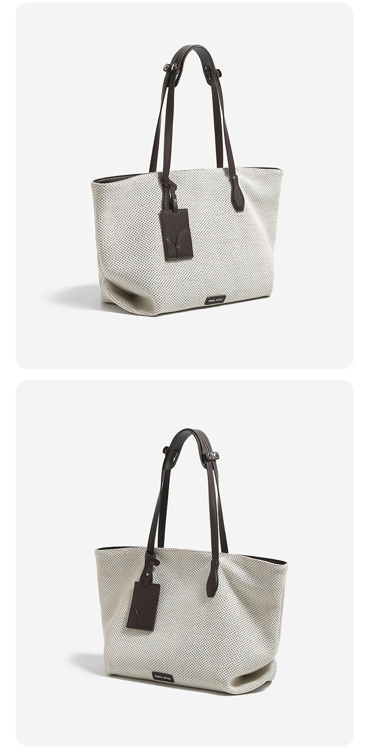 Large cream speckled woven tote bag with dark brown leather-look shoulder handles and hanging tag detail, detail view 9