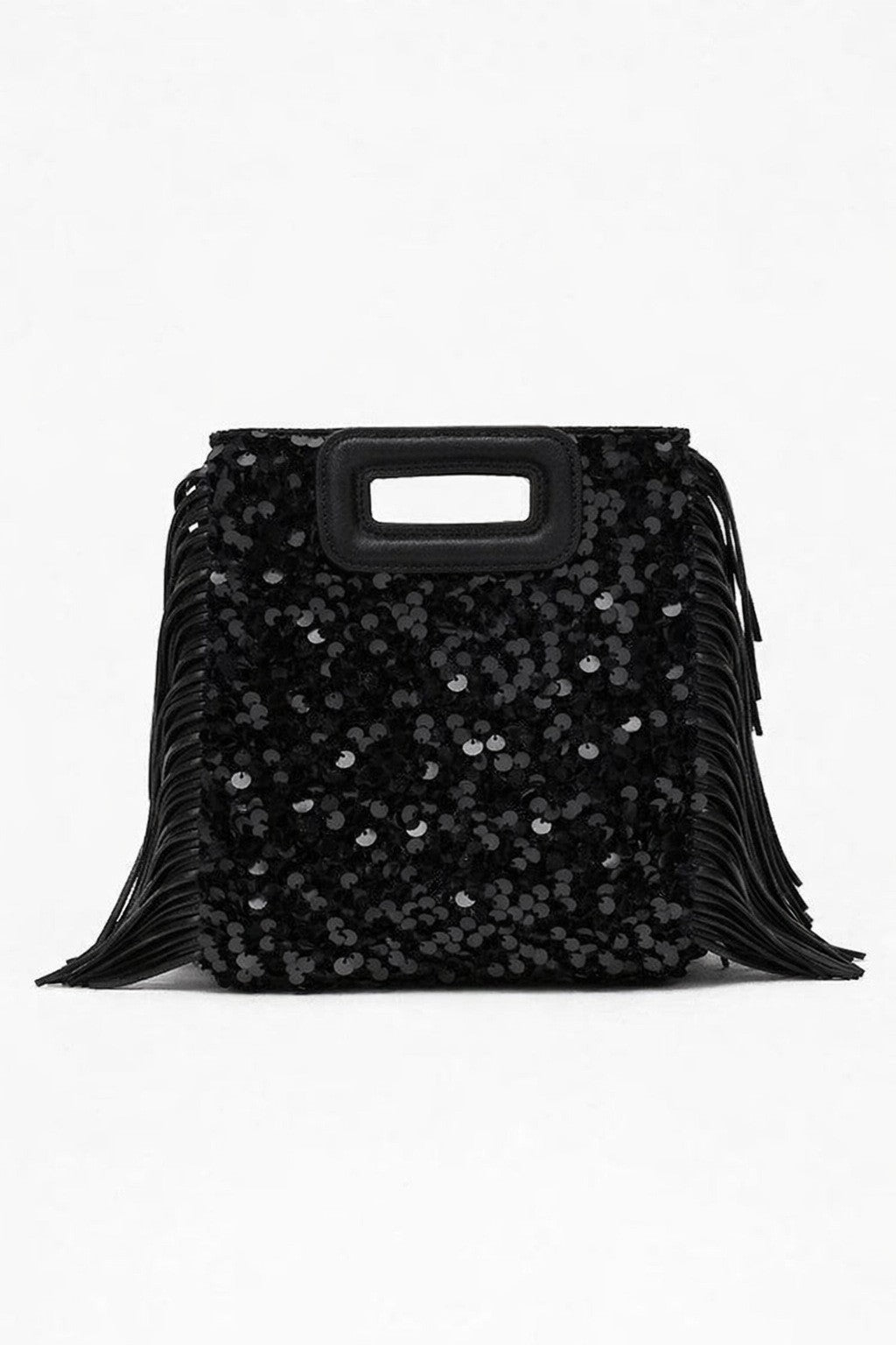 Small structured dark brown sequin handbag with leather-look fringe side trim and top cutout handle, detail view 7