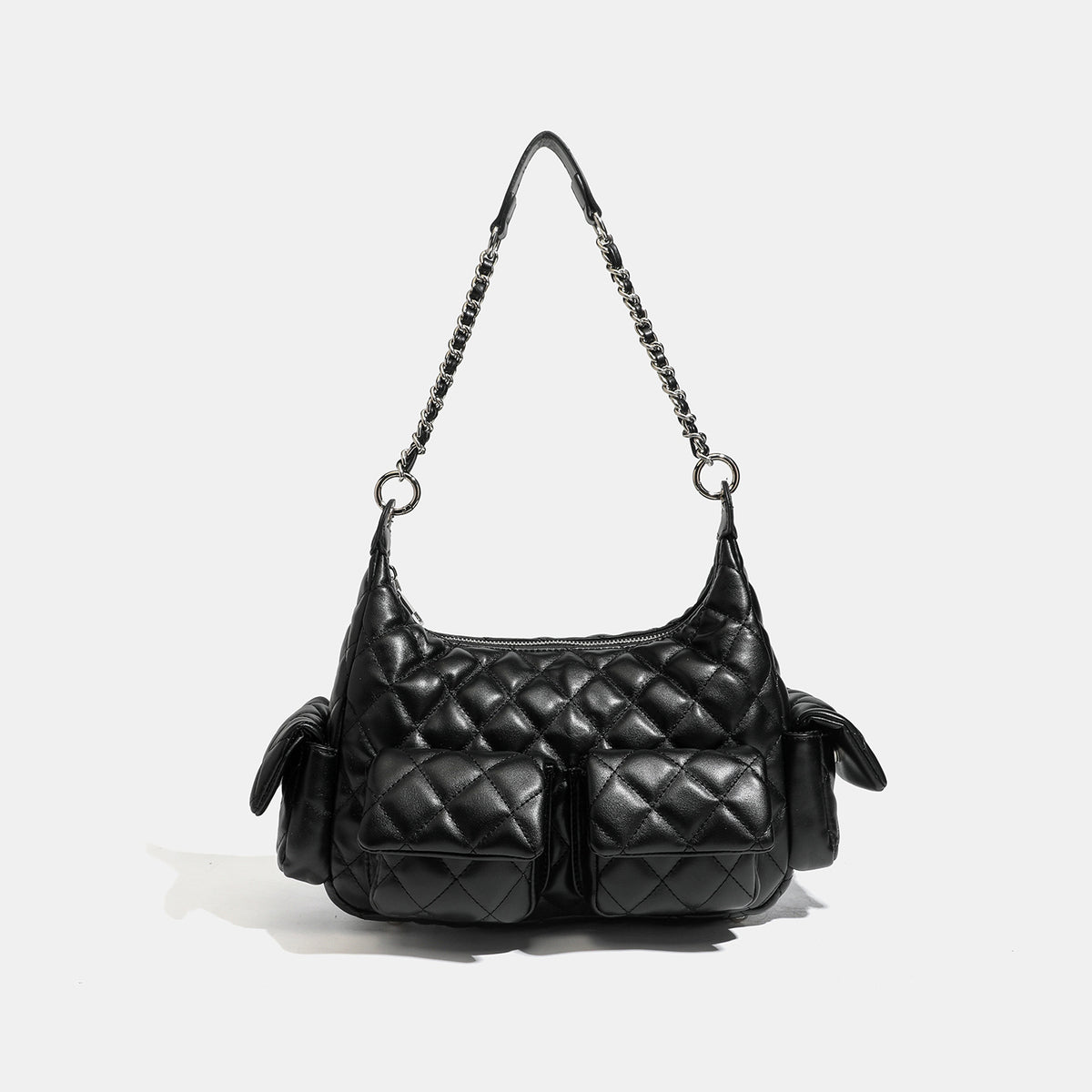 Off-white quilted leather-look hobo shoulder bag with diamond stitching, chain-and-strap handle, two front flap pockets
