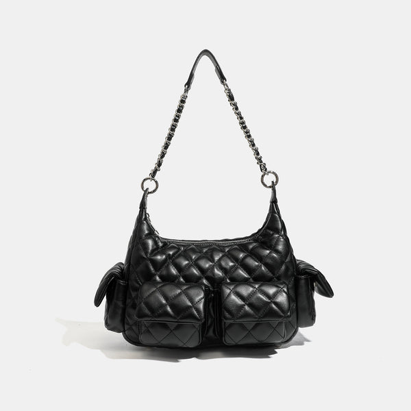 Off-white quilted leather-look hobo shoulder bag with diamond stitching, chain-and-strap handle, two front flap pockets