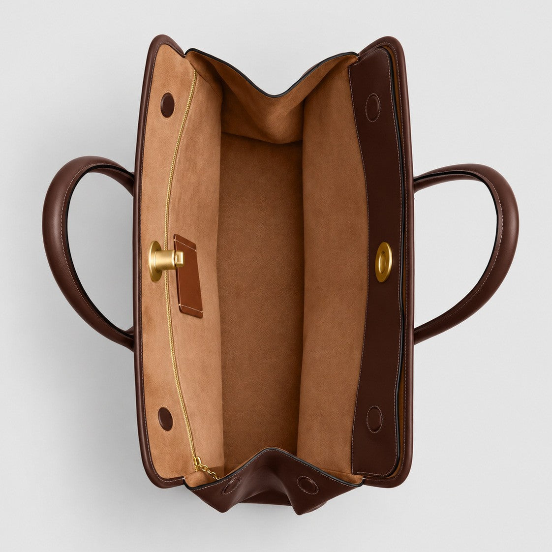 Structured leather-look tote bag with three gold-tone turn-lock closures and double rolled top handles, detail view 4