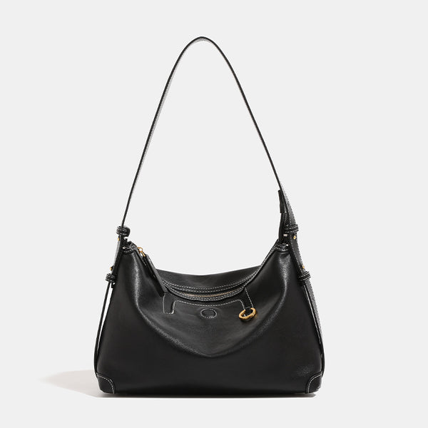 Smooth leather-look hobo bag with gold-tone ring hardware, contrast stitching, top handle and adjustable crossbody strap