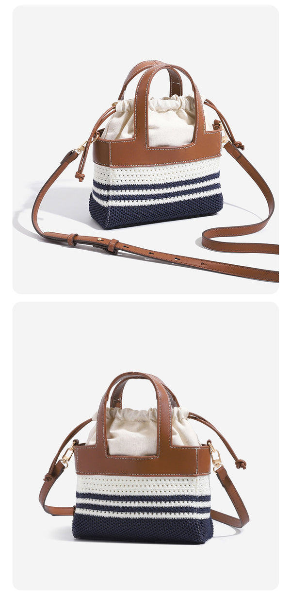 Small woven open-weave bucket bag with brown leather-look trim, cream gathered drawstring lining, dual top handles, and