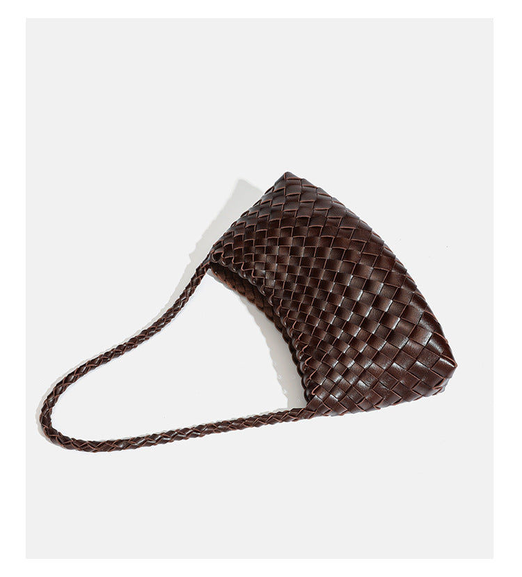 Dark brown hand-woven leather-look hobo shoulder bag with braided strap and drawstring closure, detail view 20
