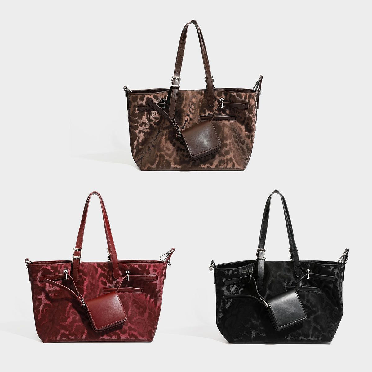 Glossy leopard-print tote bag with leather-look dark trim, dual top handles, detachable shoulder strap, and attached front