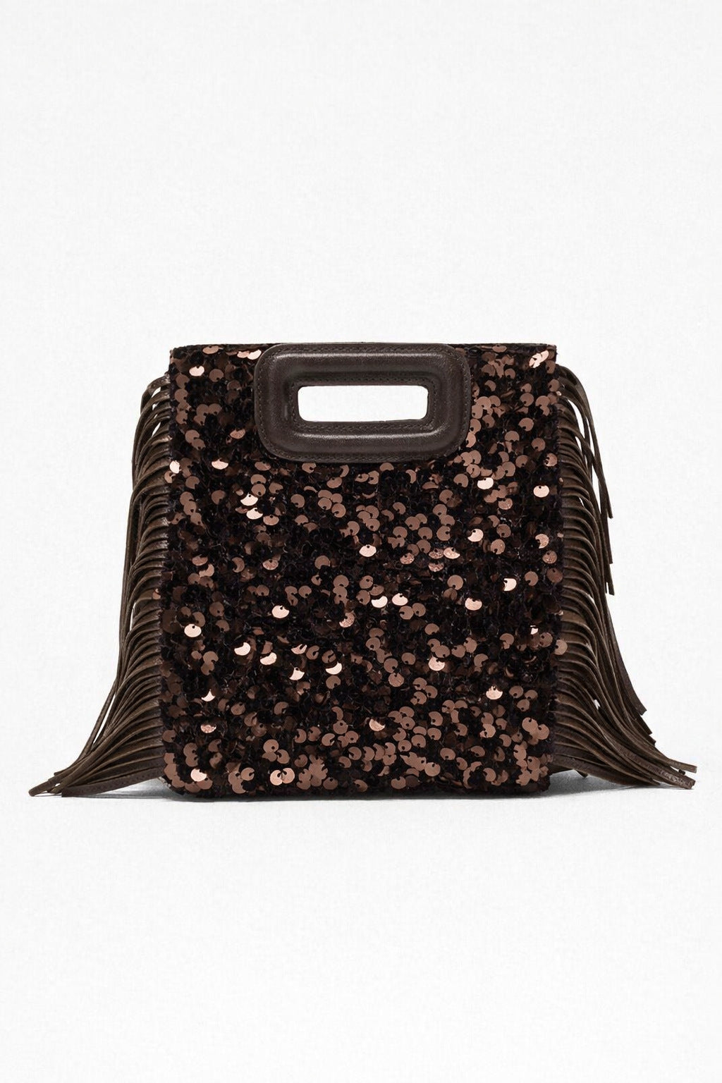 Small structured dark brown sequin handbag with leather-look fringe side trim and top cutout handle, detail view 8