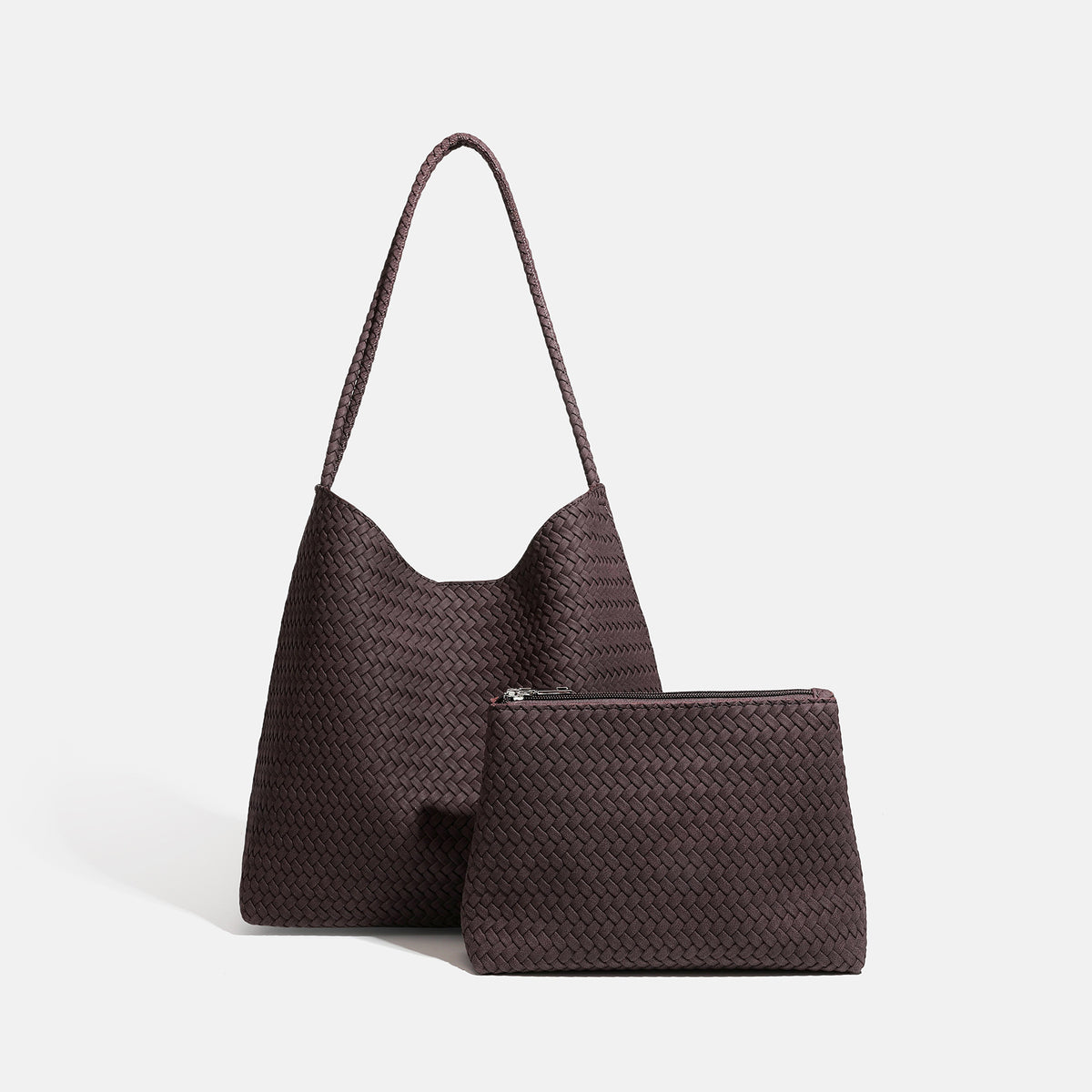 Large woven hobo shoulder bag with braided strap and matching zip pouch in dark brown, detail view 6