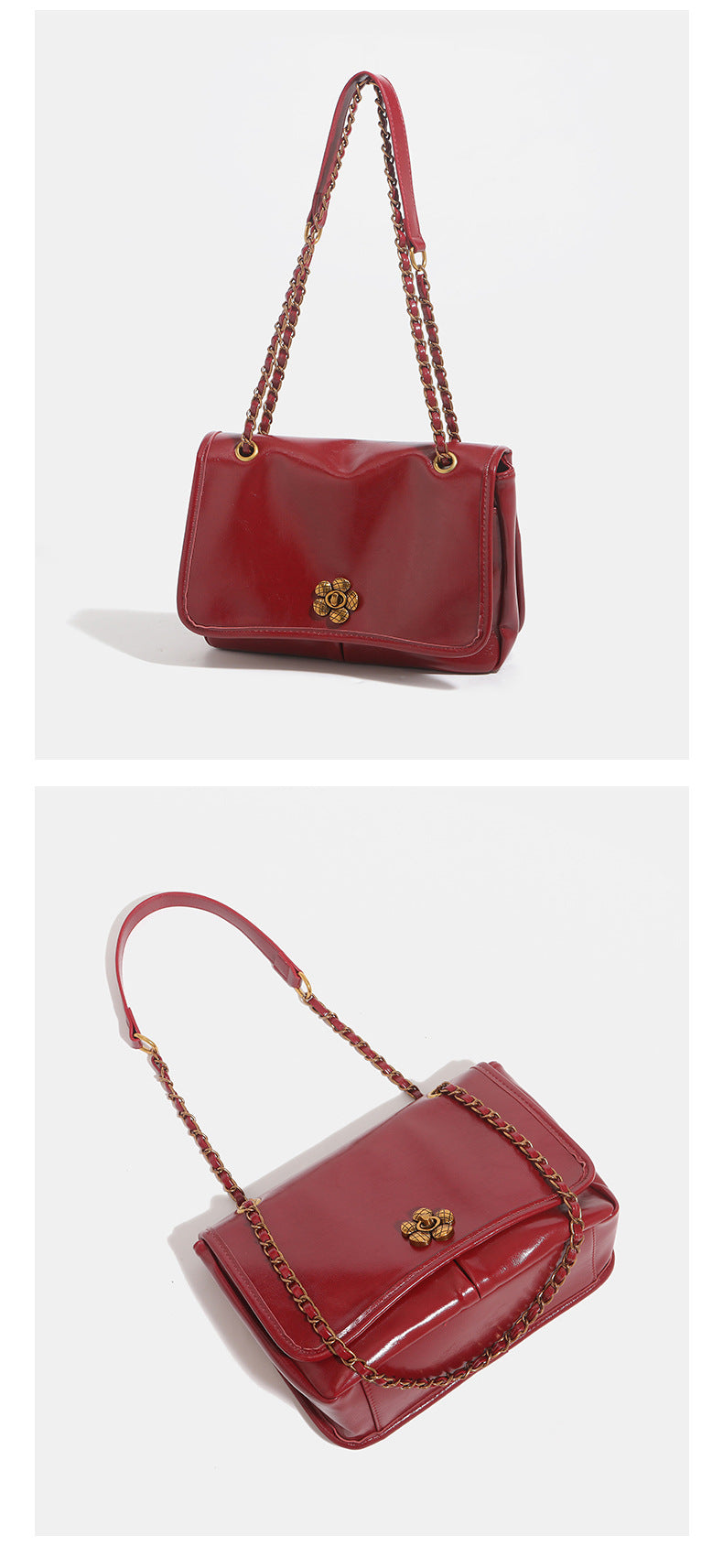 Structured glossy flap shoulder bag with antique gold floral turn-lock clasp and chain-and-leather strap, detail view 13