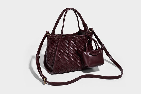 Woven texture open-top tote bag with smooth trim top handles and attached mini drawstring pouch in dark brown, detail view 34