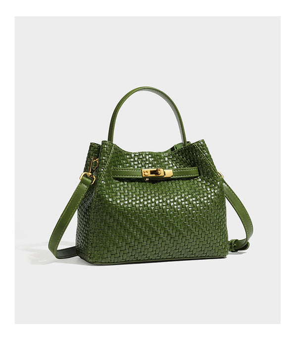Structured woven leather-look bucket bag with gold-tone turn-lock hardware and detachable shoulder strap, detail view 19