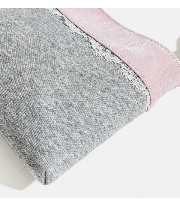 Compact gray textile shoulder bag with lace trim and smooth leather-look strap, detail view 12