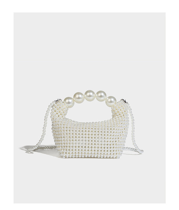 Kleine formstabile Mini-Henkeltasche mit Kunstperlenbesatz, übergroßem Perlenbogenhenkel und abnehmbarem Perlen-Crossbody-Riemen