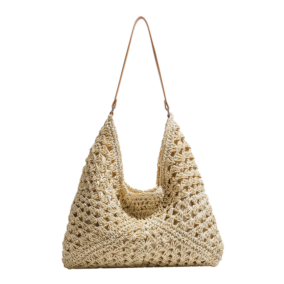 Natural ivory open-weave crochet hobo shoulder bag with tan leather-look strap and cream fabric lining, detail view 5