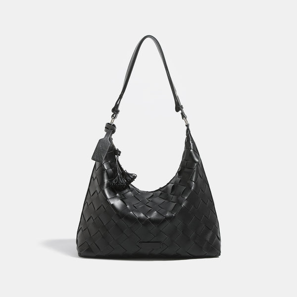 Large woven checker hobo shoulder bag with slim strap, silver-tone hardware, and braided tassel zipper pull, detail view 7