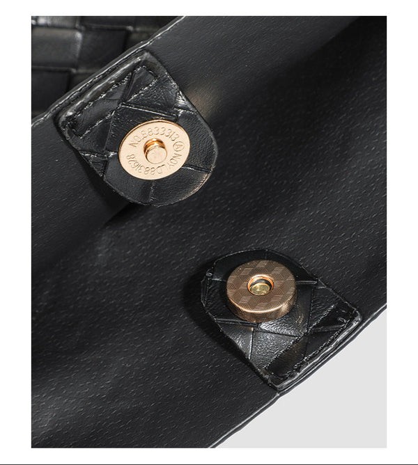Large black woven leather-look tote bag with twin shoulder straps and matching inner pouch, detail view 11