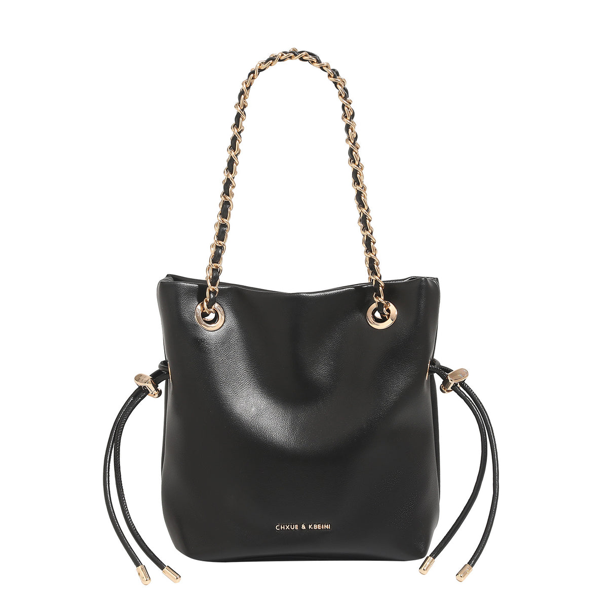 Glatte Bucket-Bag in Lederoptik mit Kettenhenkeln und seitlichen Kordelzügen, Detailansicht 5