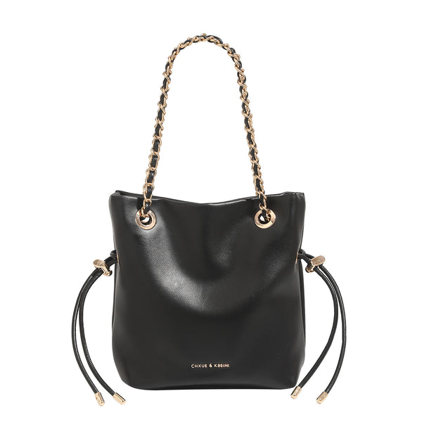 Glatte Bucket-Bag in Lederoptik mit Kettenhenkeln und seitlichen Kordelzügen, Detailansicht 5