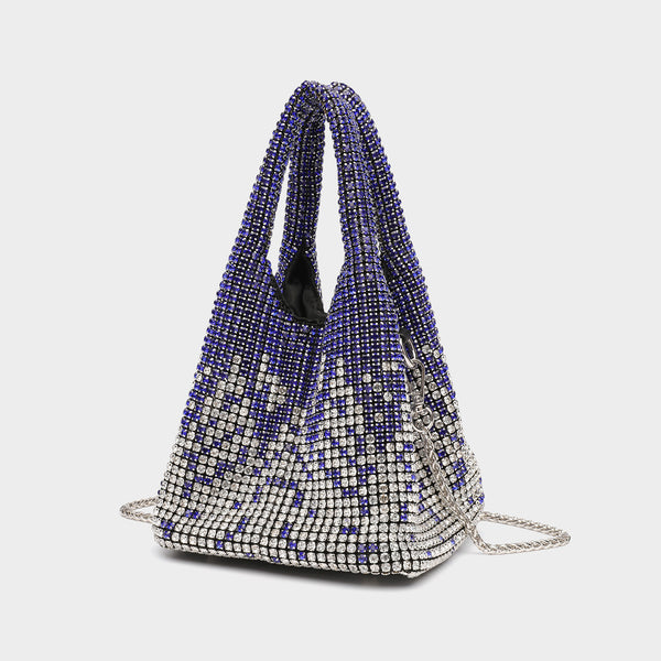 Ombré-Bucket-Bag in Schwarz bis Silber mit Strasskristallen, Kettenriemen und Kristall-Tragegriffen, Detailansicht 10