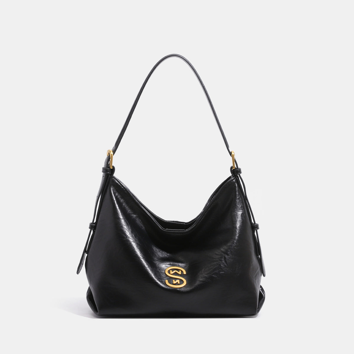 Slouchy hobo shoulder bag in crinkled gloss leather-look with gold-tone hardware and adjustable strap, detail view 8