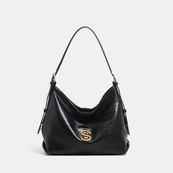 Slouchy hobo shoulder bag in crinkled gloss leather-look with gold-tone hardware and adjustable strap, detail view 8