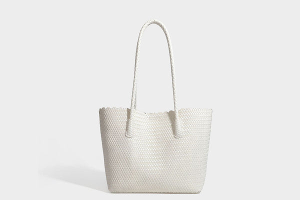 Large open-top woven leather-look tote bag in dark brown with scalloped edge, braided double shoulder straps, and decorative