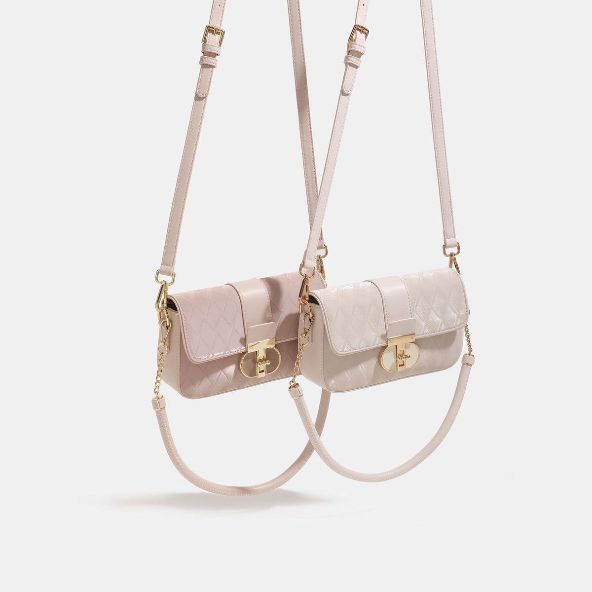 Compact rectangular quilted flap crossbody bag with gold-tone turn-lock closure and chain strap, detail view 2