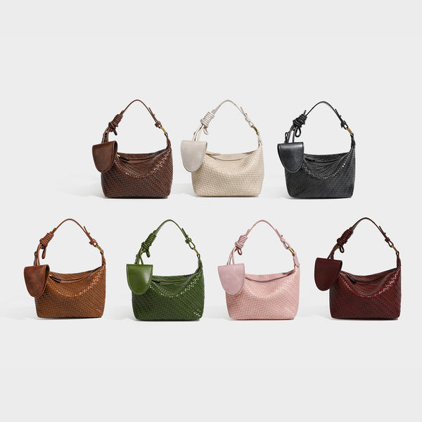 Small glossy basket-weave hobo shoulder bag in brown with knotted top handle, flap accent pocket, and gold-tone hardware