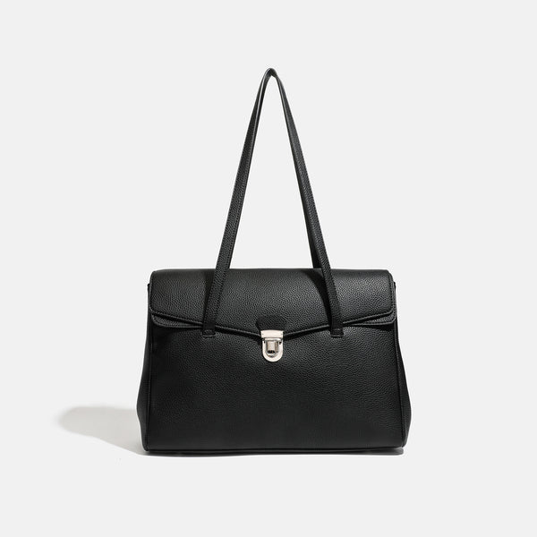 Structured black pebbled-finish flap tote bag with silver turn-lock clasp and long double shoulder straps, detail view 6