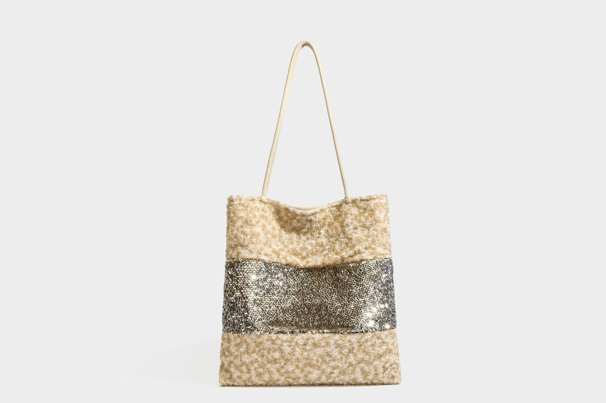 Soft rectangular sequin tote bag with colorblock metallic panels and long slim shoulder straps, detail view 24