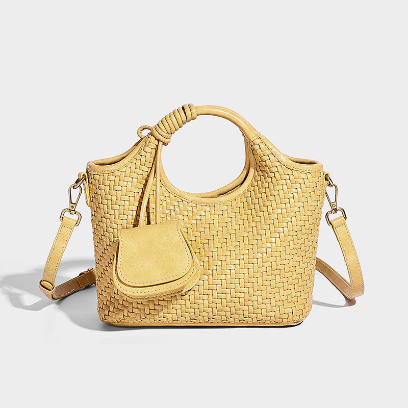 Woven texture tote bag with knotted top handles, attached front mini pouch, and gold-tone hardware, detail view 13
