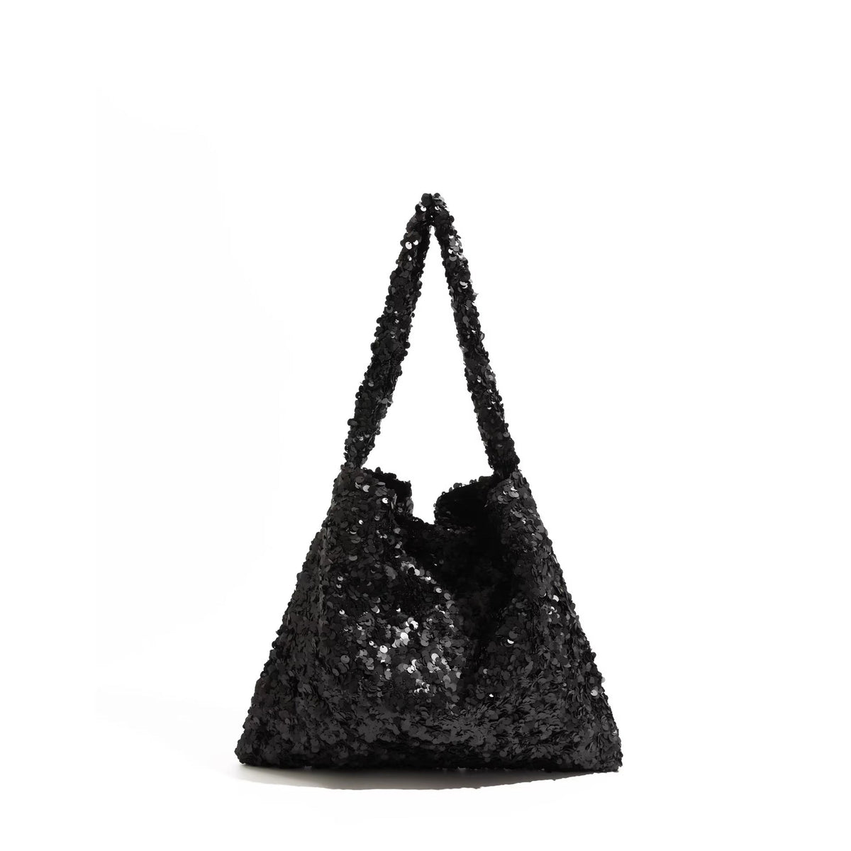 Slouchy all-over sequin shoulder tote bag with single strap and open top, detail view 8