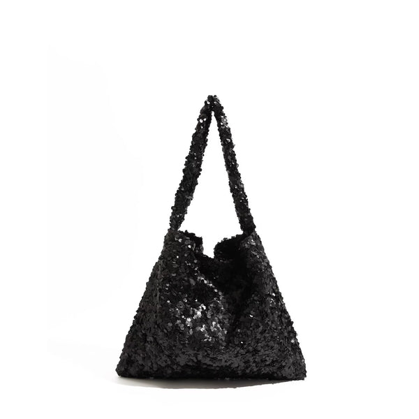 Slouchy all-over sequin shoulder tote bag with single strap and open top, detail view 8