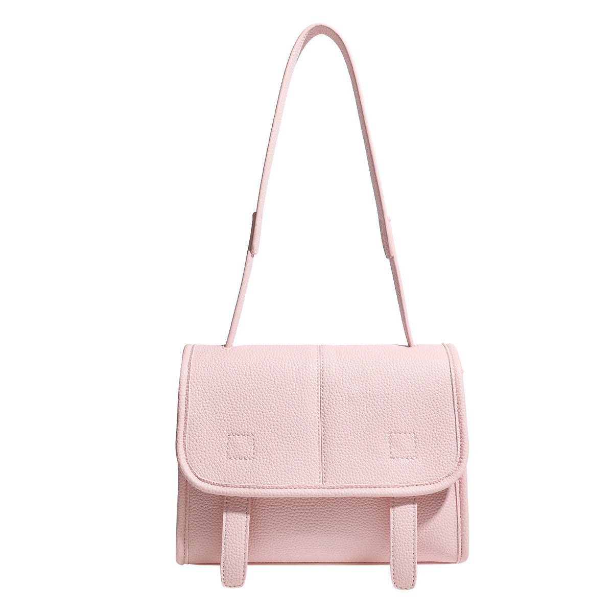 Compact structured flap satchel bag with pebbled texture, snap closure, front strap tabs, and long adjustable crossbody