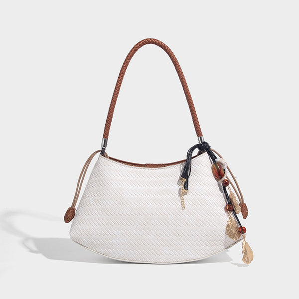 Woven leather-look hobo shoulder bag with braided strap and silver-tone hardware, detail view 13