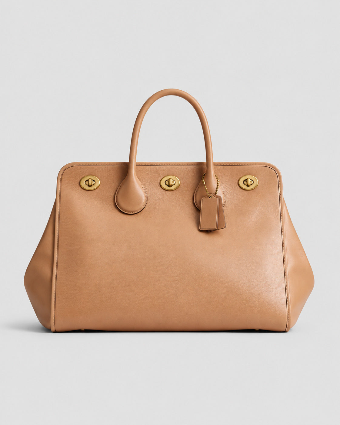 Structured leather-look tote bag with three gold-tone turn-lock closures and double rolled top handles, detail view 20