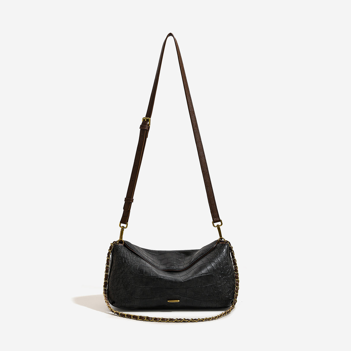 Croc-embossed pillow crossbody shoulder bag with gold-tone chain strap and flap closure, detail view 6