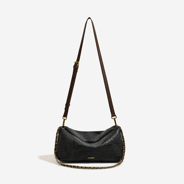 Croc-embossed pillow crossbody shoulder bag with gold-tone chain strap and flap closure, detail view 6