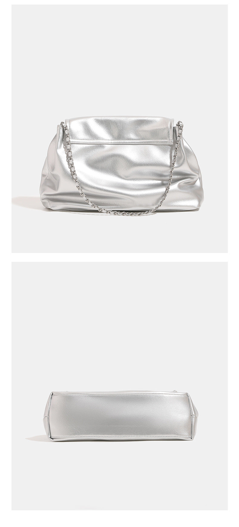 Soft trapezoidal chain-strap shoulder bag with foldover flap and circular logo medallion, detail view 9