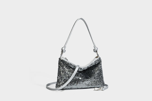 Small sequin hobo shoulder bag with knotted strap and zip closure, detail view 40