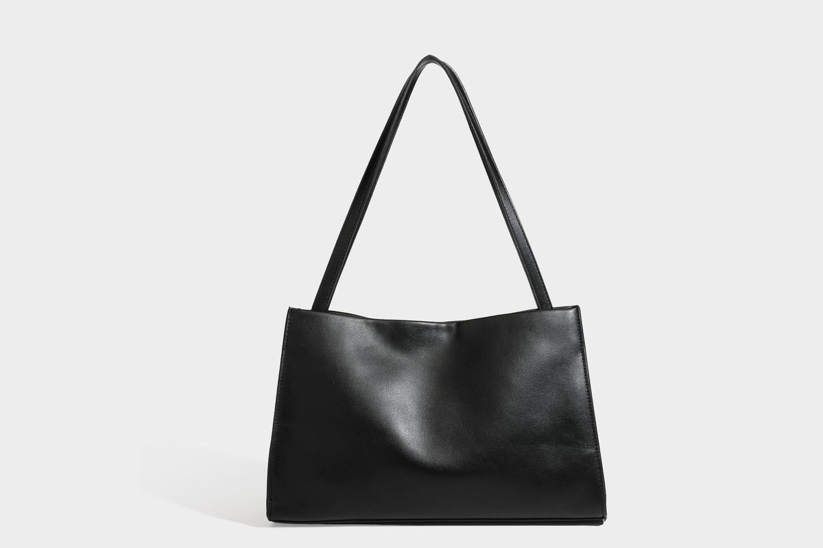 Structured rectangular shoulder tote bag with smooth leather-look finish, long double straps, and gold-tone gourd emblem on