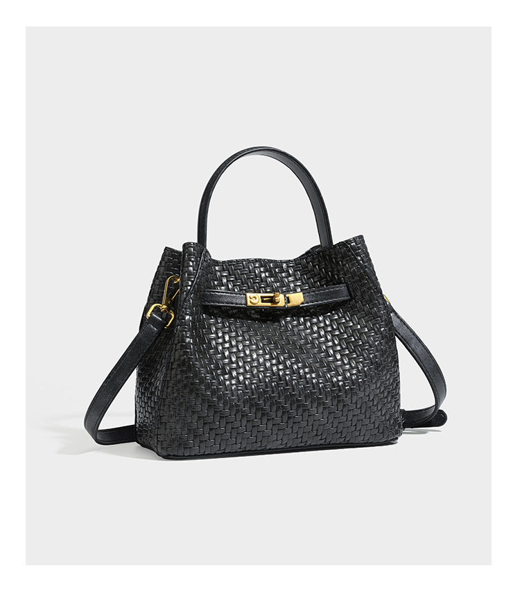 Structured woven leather-look bucket bag with gold-tone turn-lock hardware and detachable shoulder strap, detail view 22