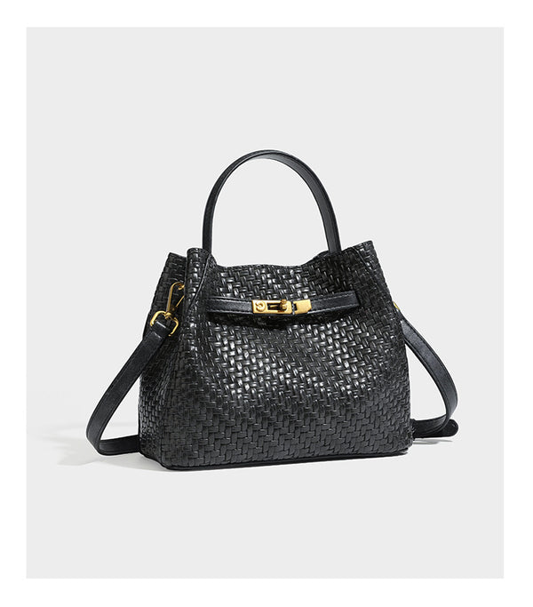 Structured woven leather-look bucket bag with gold-tone turn-lock hardware and detachable shoulder strap, detail view 22