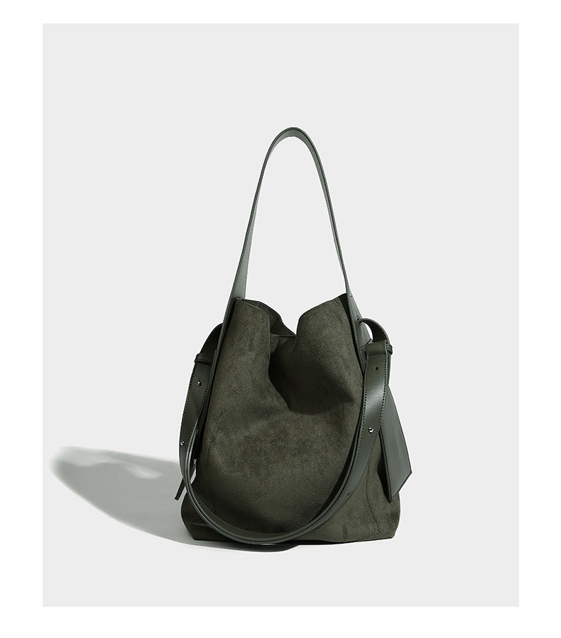 Slouchy suede-finish shoulder tote bag with leather-look trim and long strap, detail view 9