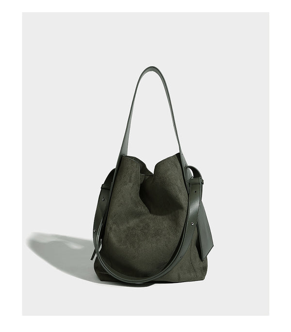 Slouchy suede-finish shoulder tote bag with leather-look trim and long strap, detail view 9