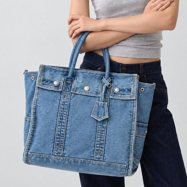 Large washed denim patchwork tote bag with snap-flap front pockets, rolled handles, and detachable shoulder strap, front view