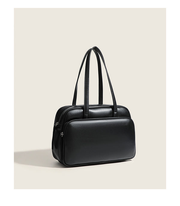 Large structured rectangular leather-look shoulder bag with dual zip compartments and double top handles, detail view 8