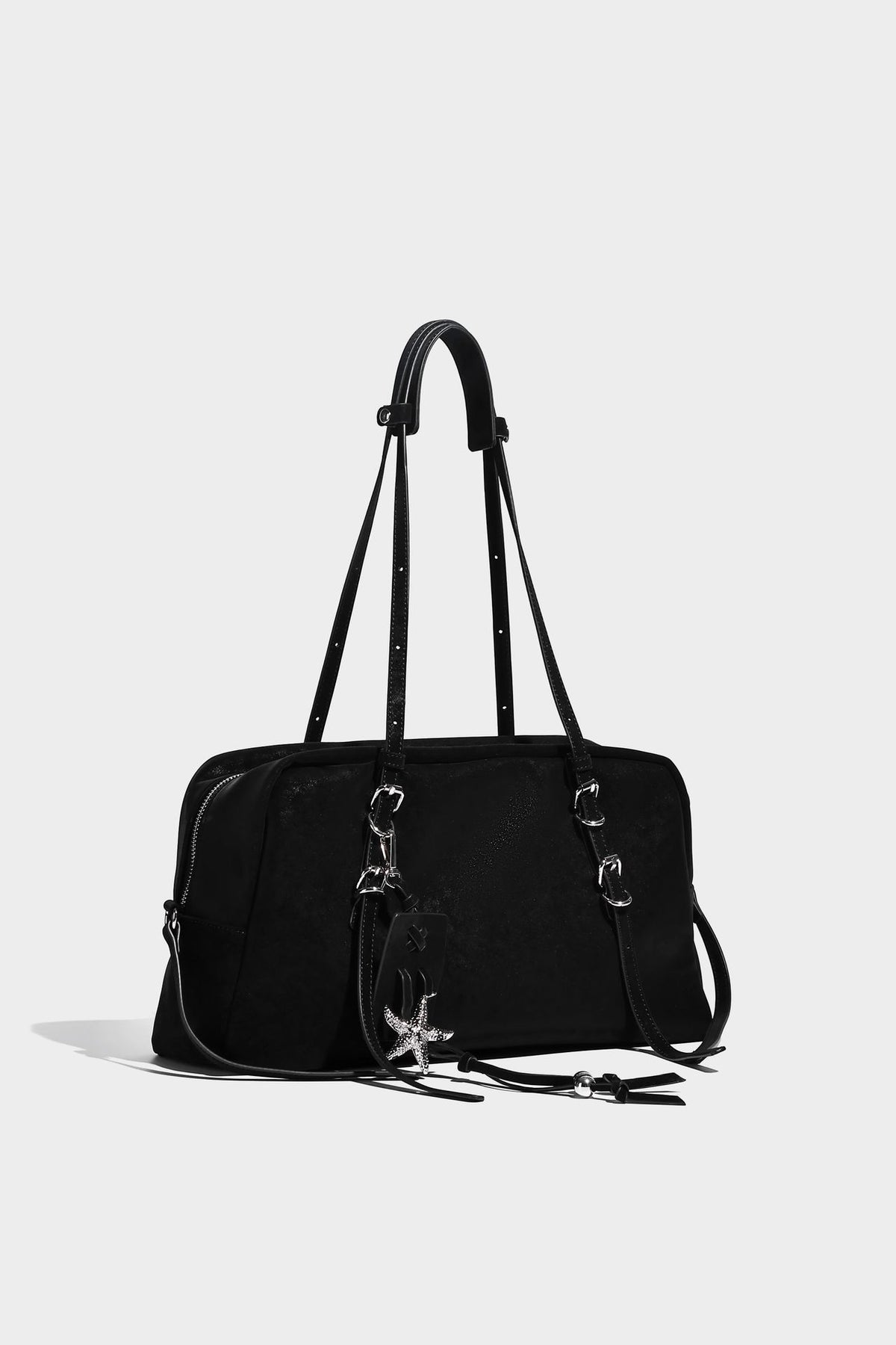 Structured rectangular matte suede-like shoulder bag with silver-tone hardware, zip closure, double top handles, and, detail
