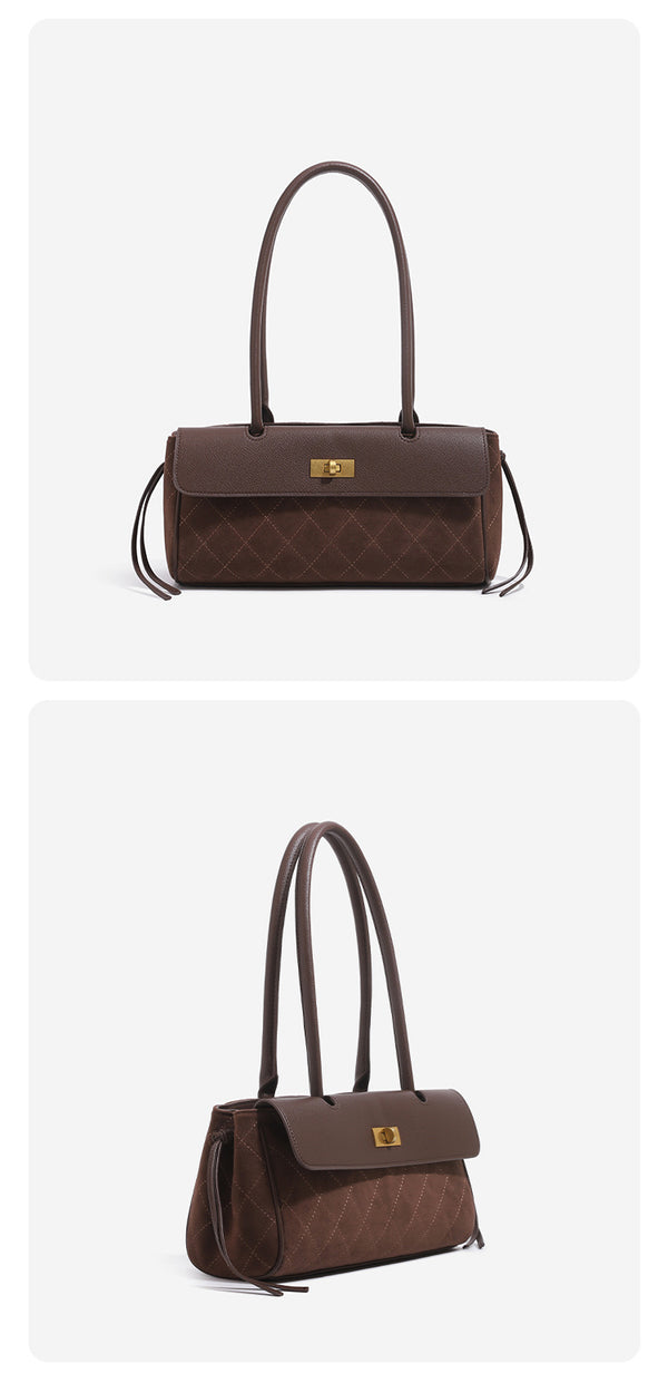 Structured diamond-quilted baguette shoulder bag with gold-tone turn-lock closure and side drawstring ties, detail view 13