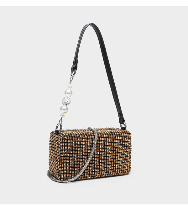 Small rectangular all-over rhinestone crossbody bag with pearl bead zipper pull and detachable silver chain strap, detail