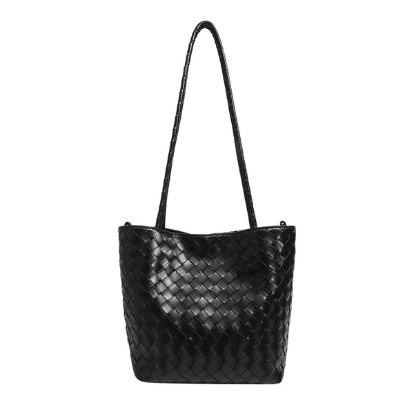 Glossy basket-weave leather-look shoulder tote bag with long braided straps and open top, detail view 5